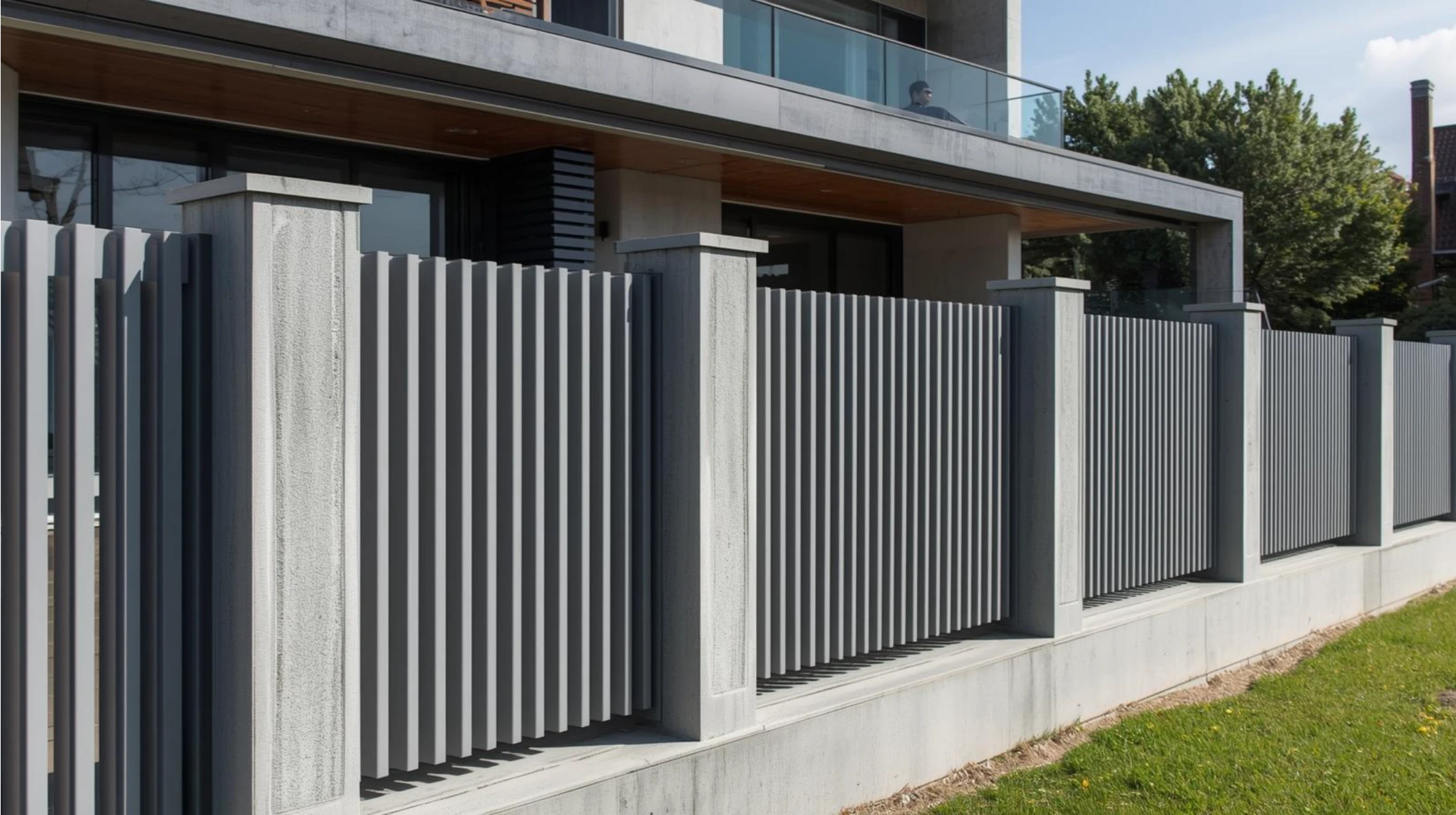 Nowoczesne ogrodzenie żaluzjowe z pionowych stalowych profili i betonowych słupów